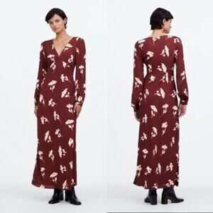 Madewell V-Neck Cuff-Sleeve Maxi Dress Floral Print Crepe Indie Bordeaux Size 6